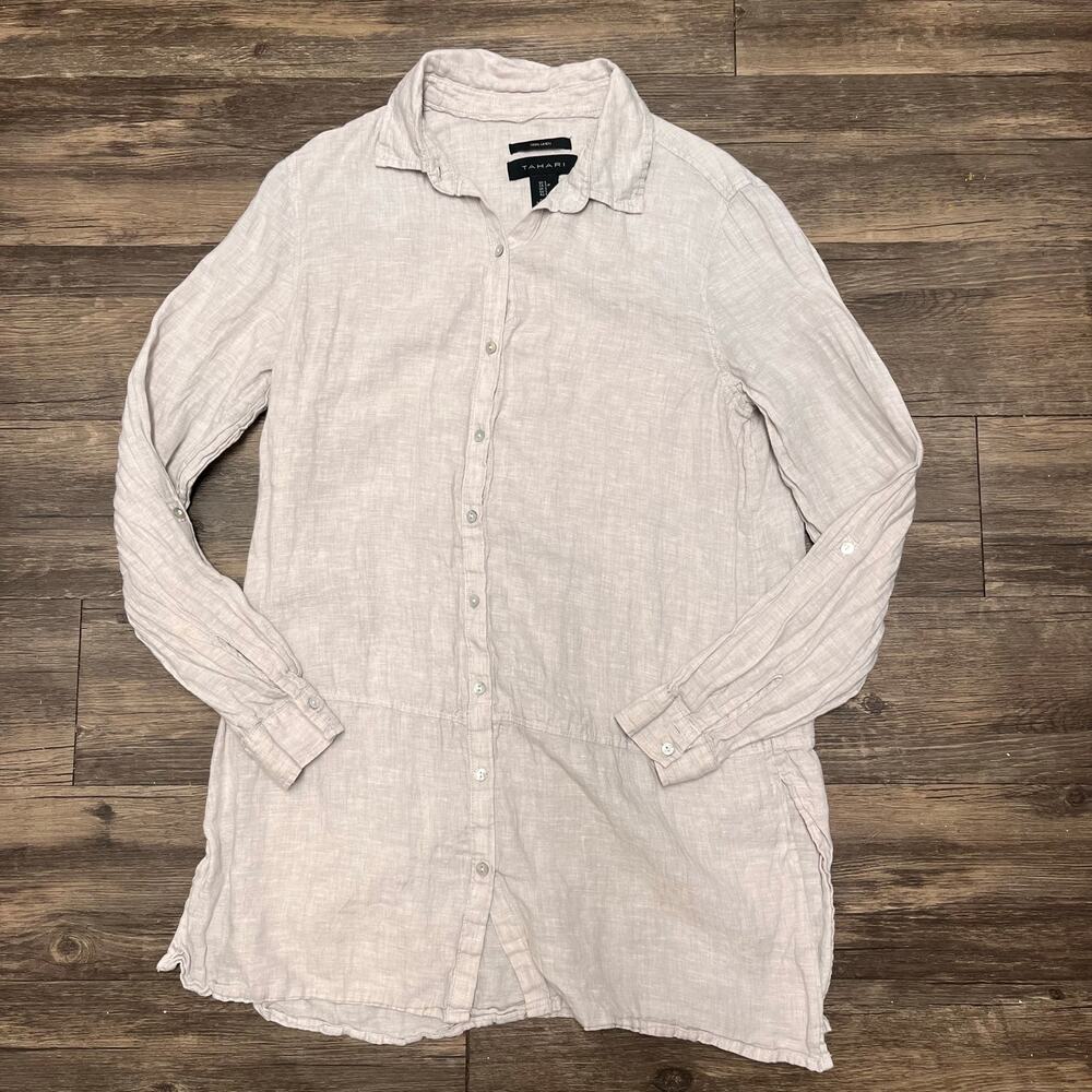 Tahari 100% Linen Button Front Shirt Tunic Taupe Minimalist Summer Top S Neutral - Picture 2 of 8